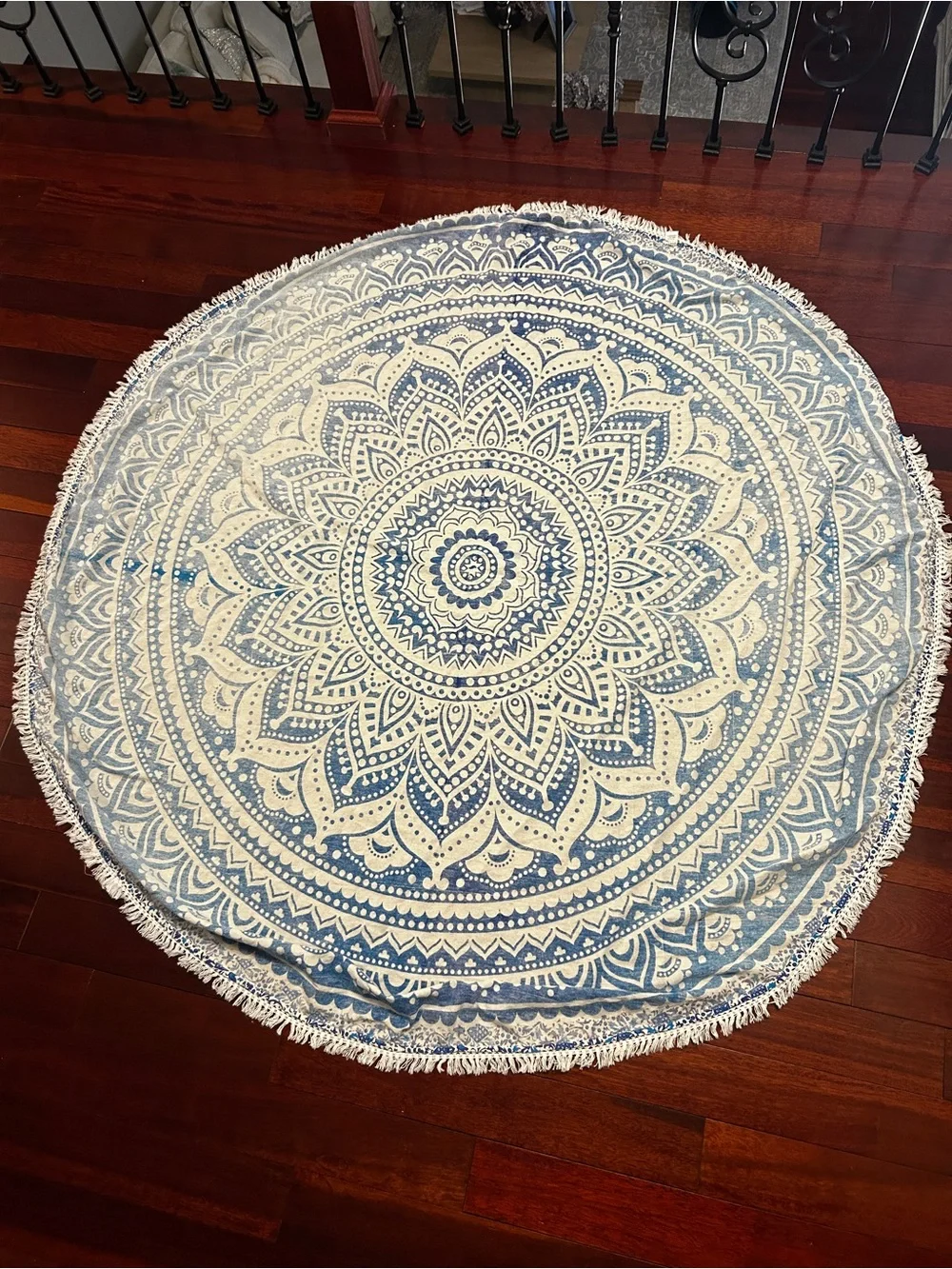 Round Blue Mandala Tapestry w/ Outer Fringe | 64-65 Inches in Diameter
